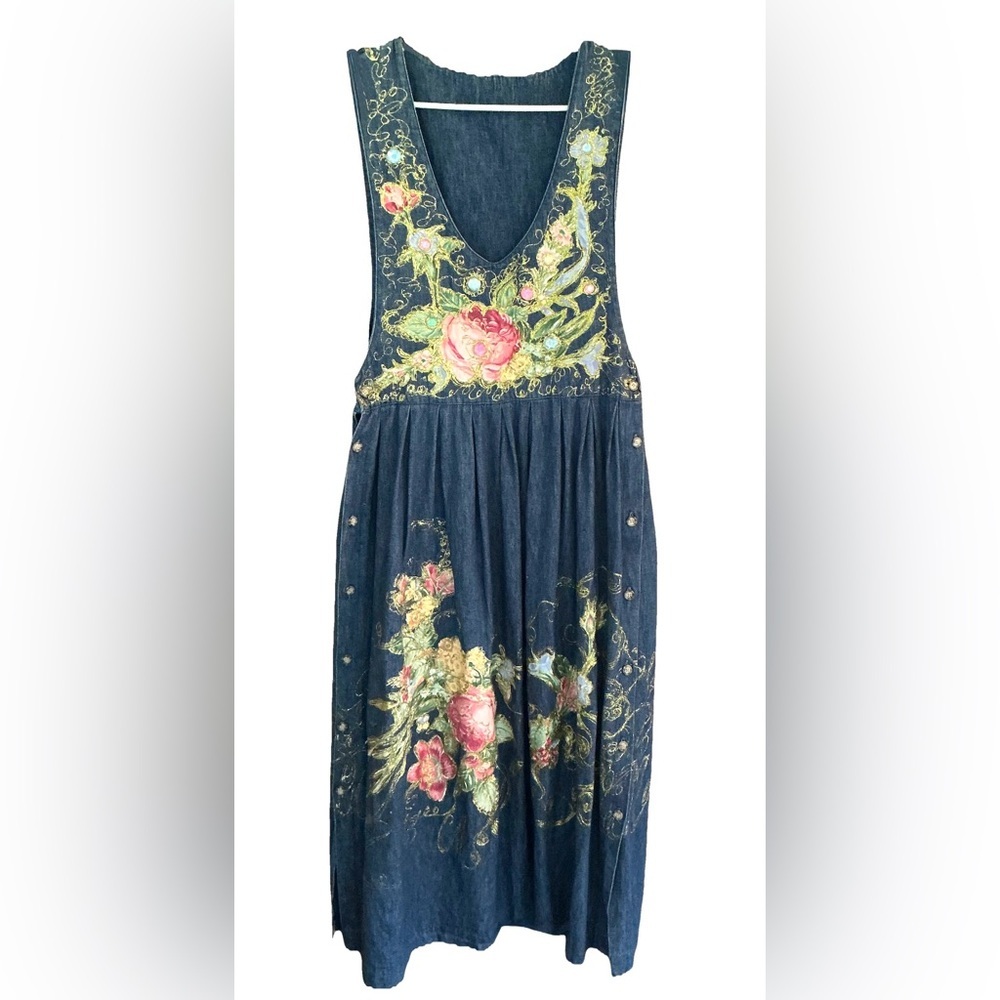 Vintage Manor House Embroidered Denim Jumper Dress 👗 Cottagecore Prairie Boho M